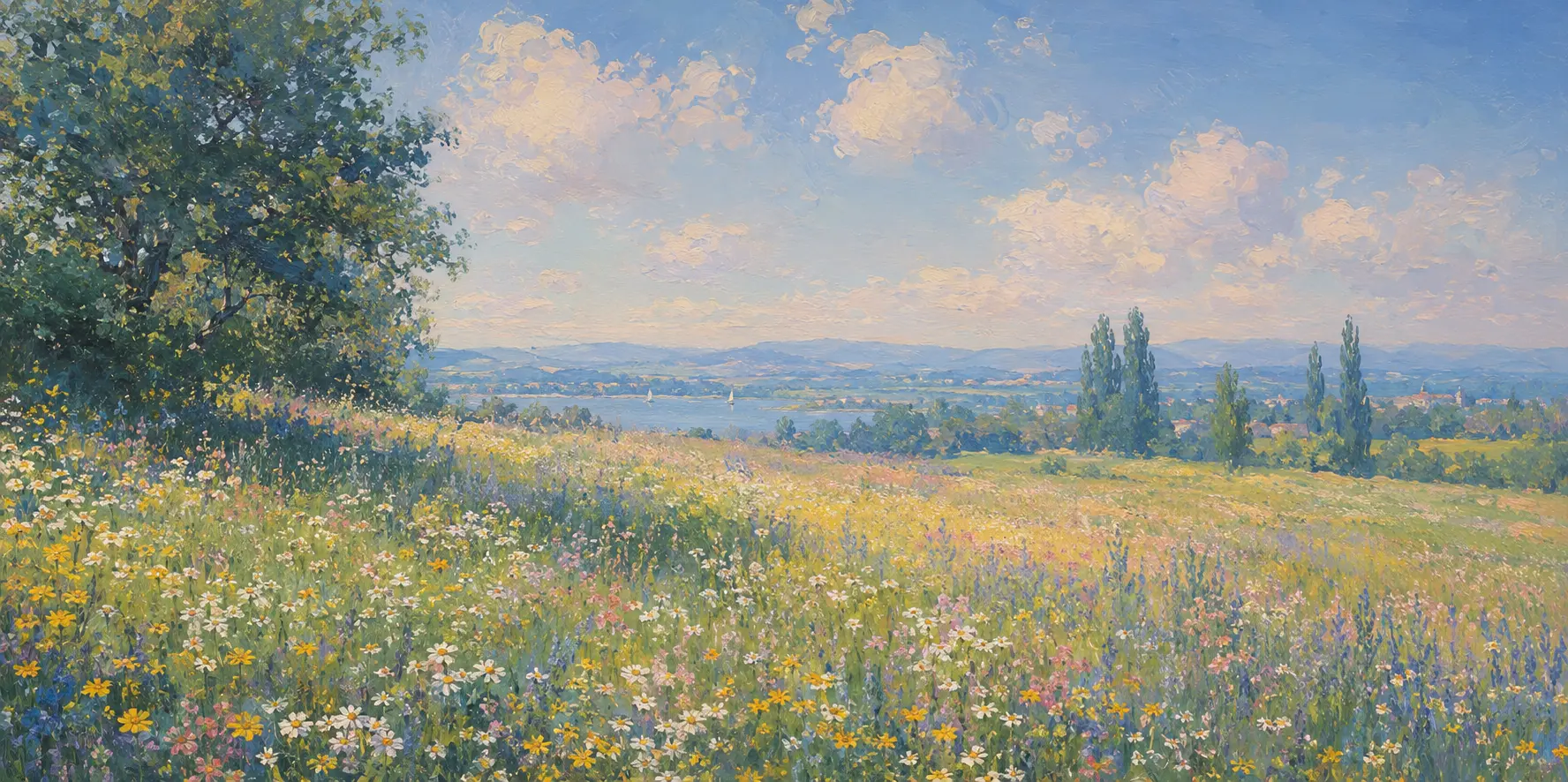 Flurin-Gemälde: blühende Wiese im Morgenlicht