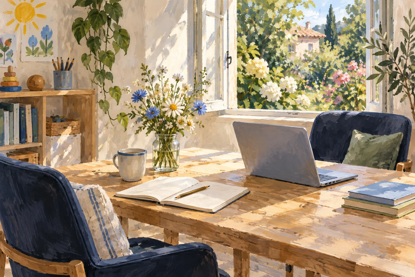 Gemalter Arbeitsplatz am offenen Gartenfenster – mit zwei Stühlen, Laptop und Notizbuch.